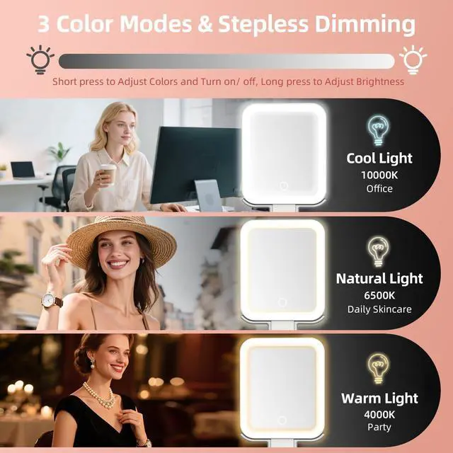 Alt view image 3 of 7 - Travel Makeup Mirror with Lights, Double Sided 10X/1X Magnifying Mirror, 3 Color Lighting, Dimmable Touch Screen, 1500mAh Rechargeable, 3 in 1 Mirror Desktop Handhold Hanging (Ivory White, 10.3"x5.2"