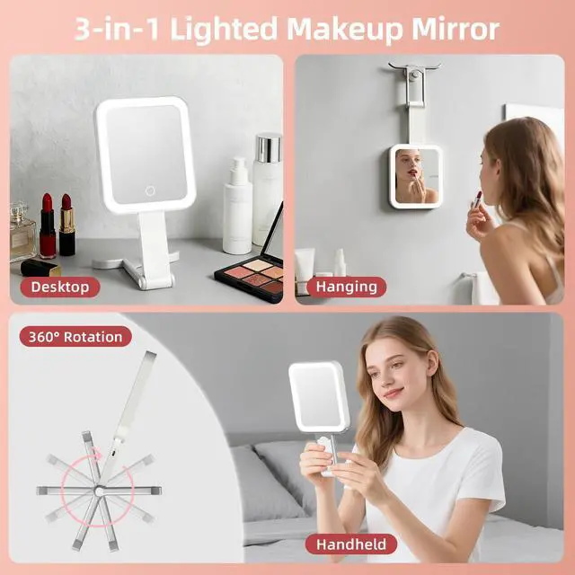 Alt view image 5 of 7 - Travel Makeup Mirror with Lights, Double Sided 10X/1X Magnifying Mirror, 3 Color Lighting, Dimmable Touch Screen, 1500mAh Rechargeable, 3 in 1 Mirror Desktop Handhold Hanging (Ivory White, 10.3"x5.2"