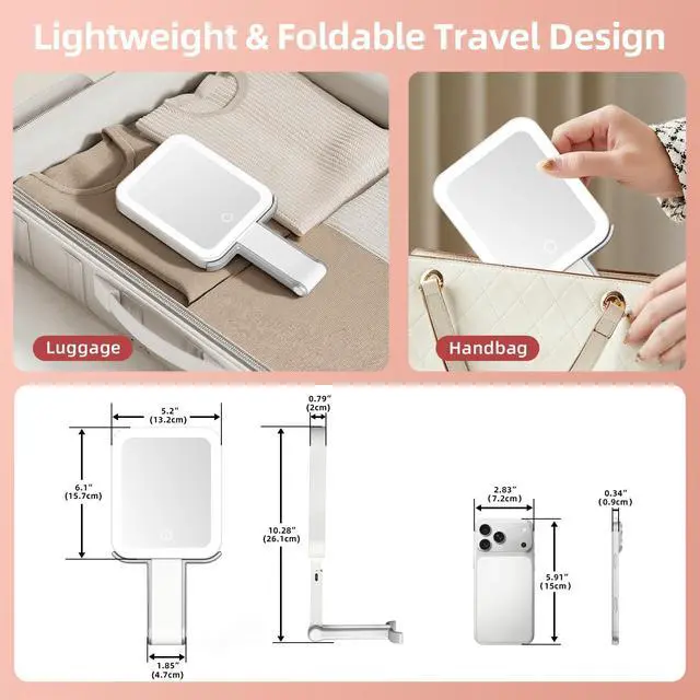 Alt view image 2 of 7 - Travel Makeup Mirror with Lights, Double Sided 10X/1X Magnifying Mirror, 3 Color Lighting, Dimmable Touch Screen, 1500mAh Rechargeable, 3 in 1 Mirror Desktop Handhold Hanging (Ivory White, 10.3"x5.2"