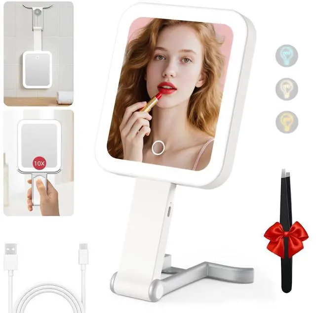 Main image of Travel Makeup Mirror with Lights, Double Sided 10X/1X Magnifying Mirror, 3 Color Lighting, Dimmable Touch Screen, 1500mAh Rechargeable, 3 in 1 Mirror Desktop Handhold Hanging (Ivory White, 10.3"x5.2"