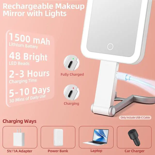 Alt view image 6 of 7 - Travel Makeup Mirror with Lights, Double Sided 10X/1X Magnifying Mirror, 3 Color Lighting, Dimmable Touch Screen, 1500mAh Rechargeable, 3 in 1 Mirror Desktop Handhold Hanging (Ivory White, 10.3"x5.2"