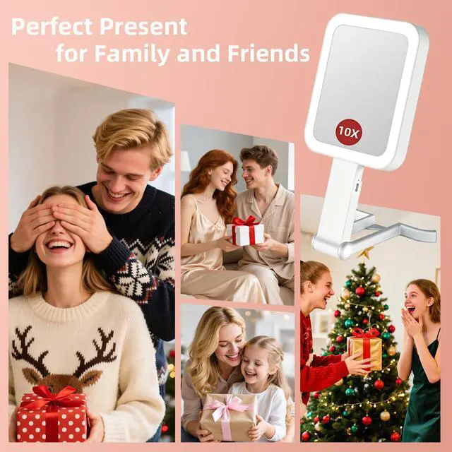 Alt view image 7 of 7 - Travel Makeup Mirror with Lights, Double Sided 10X/1X Magnifying Mirror, 3 Color Lighting, Dimmable Touch Screen, 1500mAh Rechargeable, 3 in 1 Mirror Desktop Handhold Hanging (Ivory White, 10.3"x5.2"