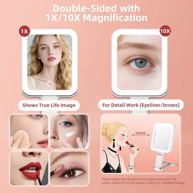 Alt view image 4 of 7 - Travel Makeup Mirror with Lights, Double Sided 10X/1X Magnifying Mirror, 3 Color Lighting, Dimmable Touch Screen, 1500mAh Rechargeable, 3 in 1 Mirror Desktop Handhold Hanging (Ivory White, 10.3"x5.2"