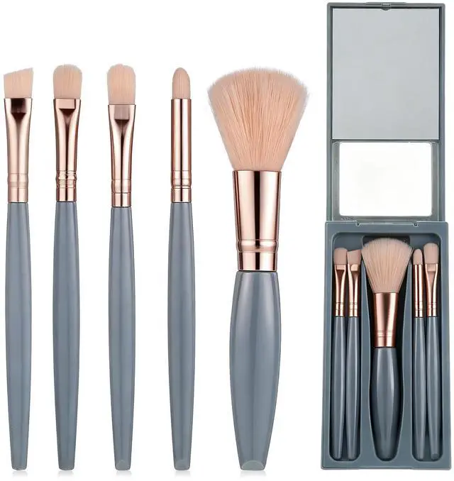 Main image of 5 Pcs Mini Travel Makeup Brushes Set with Case and Mirror (Blue)