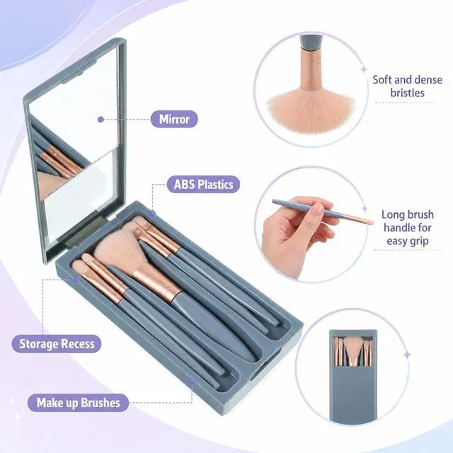 Alt view image 2 of 6 - 5 Pcs Mini Travel Makeup Brushes Set with Case and Mirror (Blue)