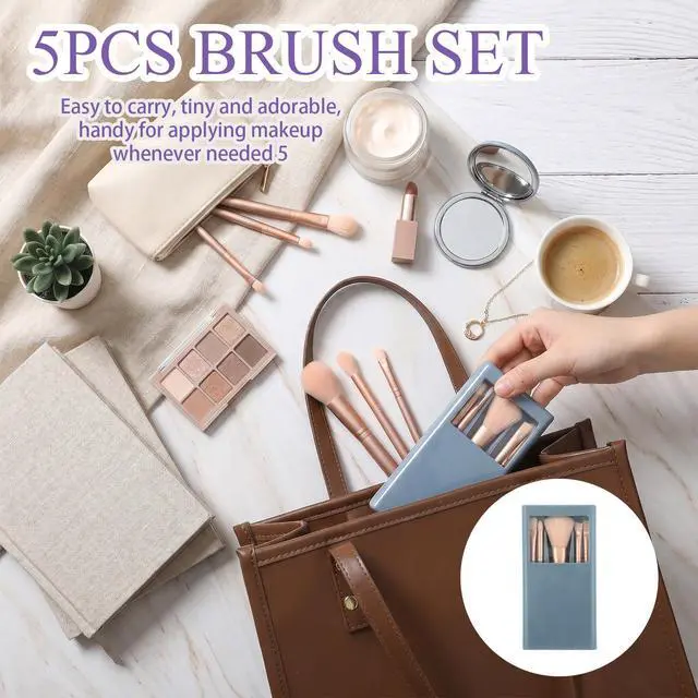 Alt view image 3 of 6 - 5 Pcs Mini Travel Makeup Brushes Set with Case and Mirror (Blue)