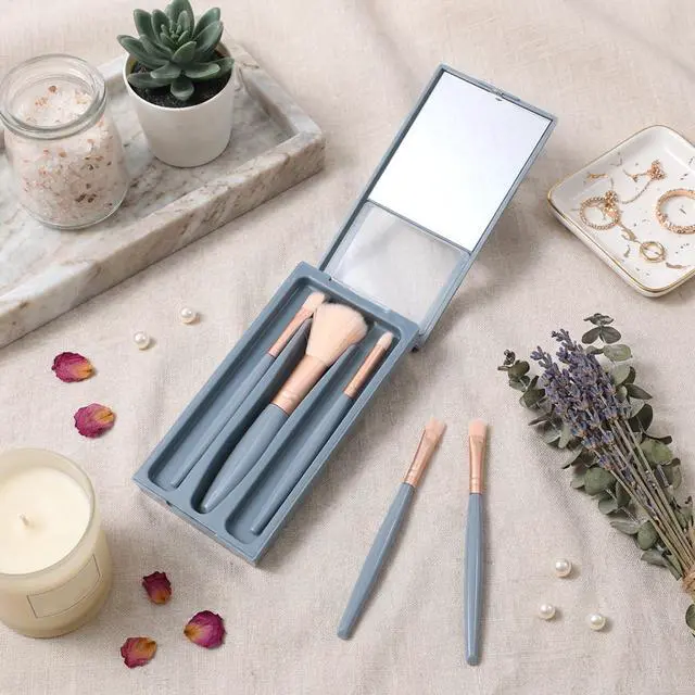 Alt view image 4 of 6 - 5 Pcs Mini Travel Makeup Brushes Set with Case and Mirror (Blue)