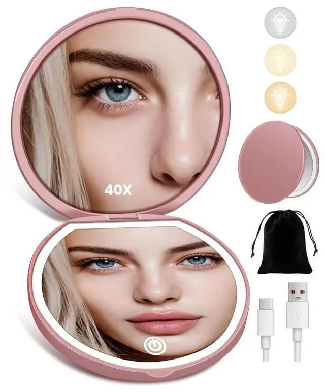 Main image of Compact Mirror with Light, Rechargeable 40X Magnifying Mirror with 3 Lighting Modes & Dimmable Brightness, Portable Travel Makeup Mirror; Essentials for Travel, Pocket, Purse Gifts Rose