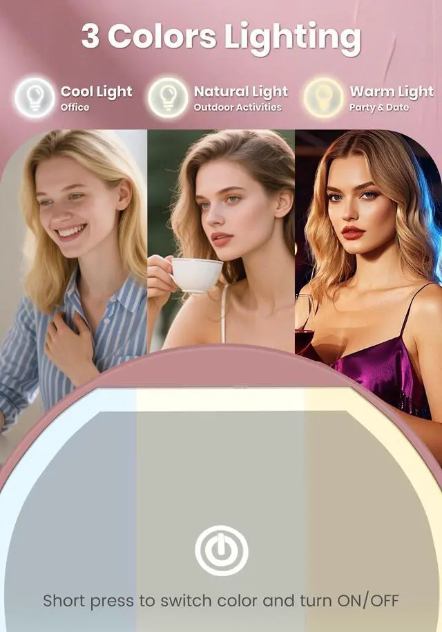Alt view image 3 of 7 - Compact Mirror with Light, Rechargeable 40X Magnifying Mirror with 3 Lighting Modes & Dimmable Brightness, Portable Travel Makeup Mirror; Essentials for Travel, Pocket, Purse Gifts Rose