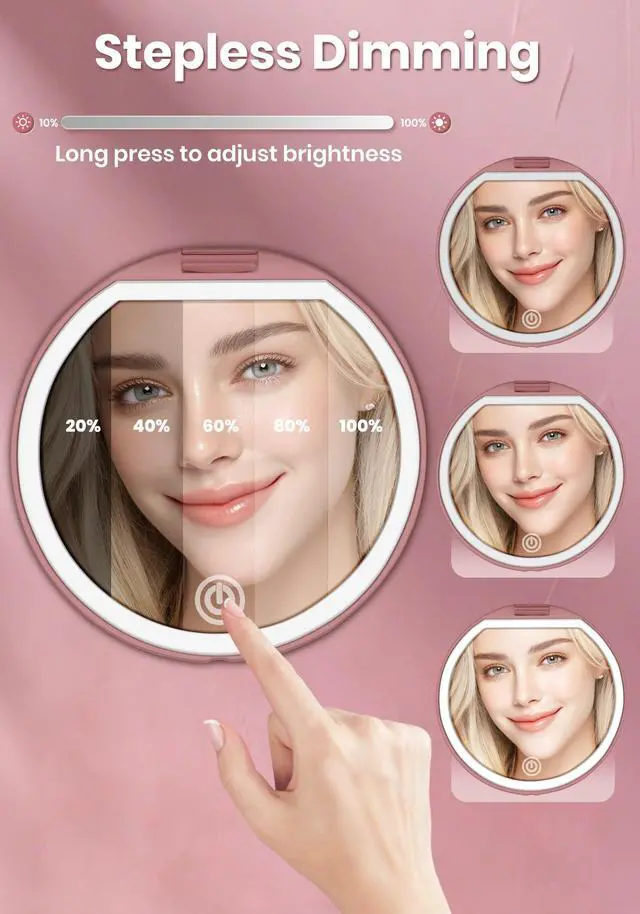 Alt view image 4 of 7 - Compact Mirror with Light, Rechargeable 40X Magnifying Mirror with 3 Lighting Modes & Dimmable Brightness, Portable Travel Makeup Mirror; Essentials for Travel, Pocket, Purse Gifts Rose