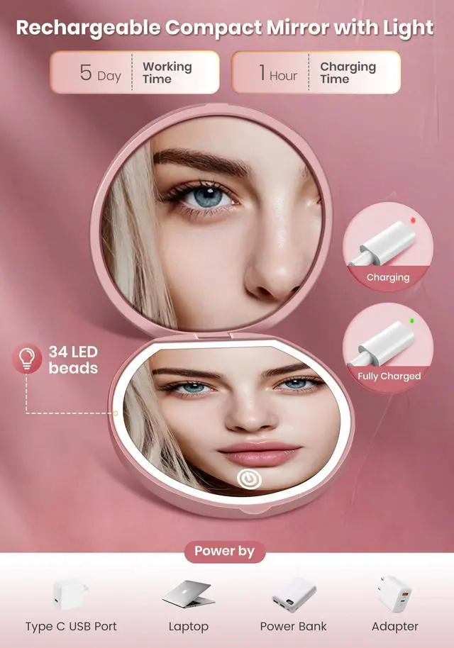 Alt view image 5 of 7 - Compact Mirror with Light, Rechargeable 40X Magnifying Mirror with 3 Lighting Modes & Dimmable Brightness, Portable Travel Makeup Mirror; Essentials for Travel, Pocket, Purse Gifts Rose