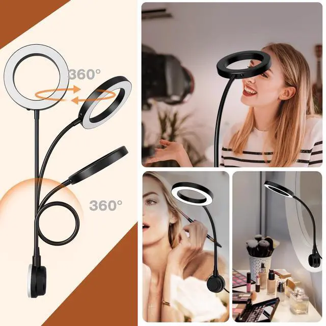 Alt view image 4 of 7 - Suction Cup LED Vantiy Lights for Mirror, Flexible Gooseneck Stick on Selfie Ring Light for Makeup Vanity Table & Bathroom Mirror, 3 Color Modes & 10 Brightness, Plug in, Black