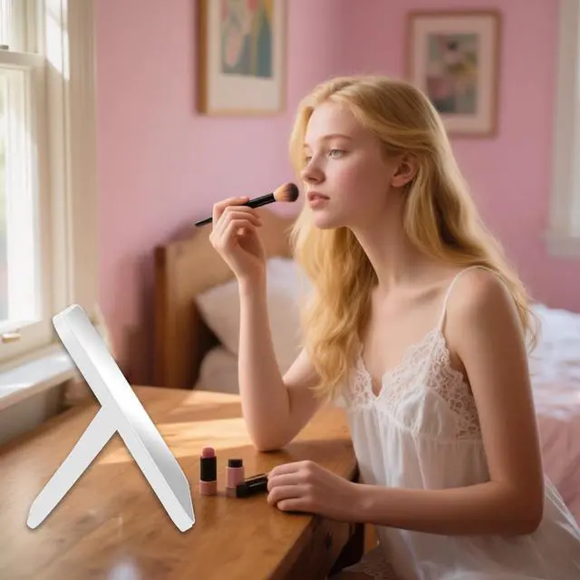 Alt view image 5 of 6 - 8 Inch Desktop Makeup Mirror, Foldable Portable Princess Mirror with Stand,Table Desk Standing Cosmetic Mirror Wall Hanging Dual-Purpose Square Mirror White