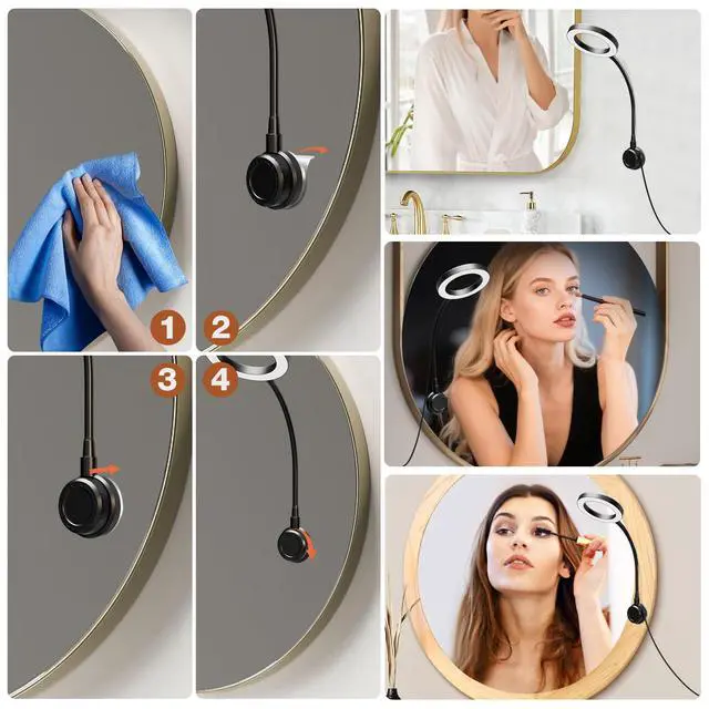 Alt view image 5 of 7 - Suction Cup LED Vantiy Lights for Mirror, Flexible Gooseneck Stick on Selfie Ring Light for Makeup Vanity Table & Bathroom Mirror, 3 Color Modes & 10 Brightness, Plug in, Black