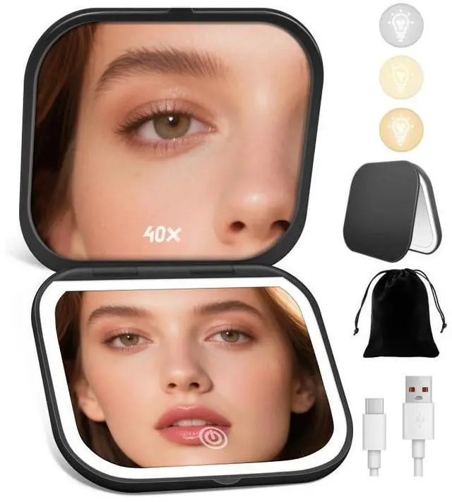 Main image of Magnifying Mirror with Light, Rechargeable 40X Compact Mirror with 3 Lighting Modes & Dimmable Brightness, Portable Travel Makeup Mirror with Light, Essentials for Travel, Pocket Purse Black