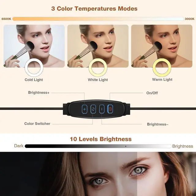 Alt view image 2 of 7 - Suction Cup LED Vantiy Lights for Mirror, Flexible Gooseneck Stick on Selfie Ring Light for Makeup Vanity Table & Bathroom Mirror, 3 Color Modes & 10 Brightness, Plug in, Black