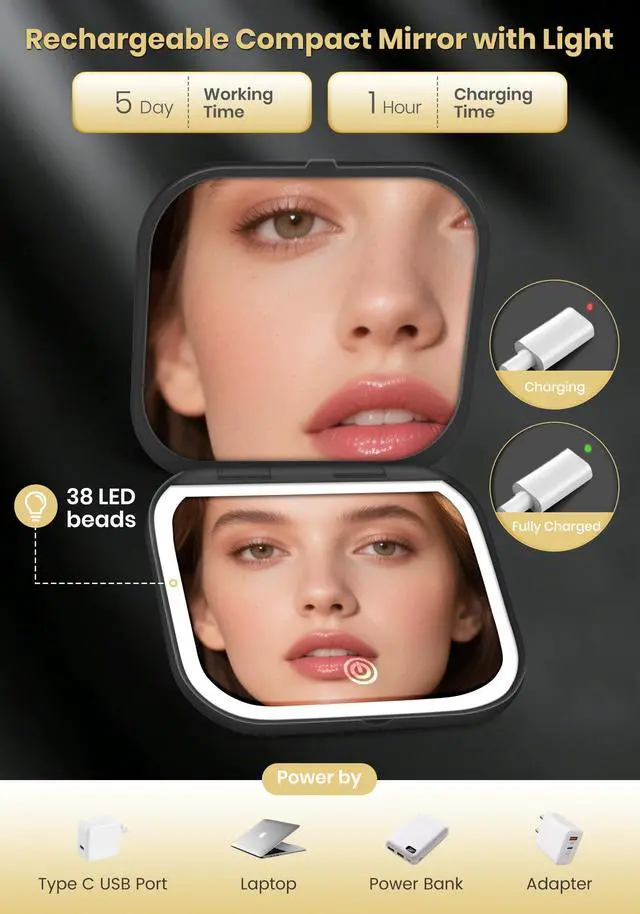 Alt view image 6 of 7 - Magnifying Mirror with Light, Rechargeable 40X Compact Mirror with 3 Lighting Modes & Dimmable Brightness, Portable Travel Makeup Mirror with Light, Essentials for Travel, Pocket Purse Black