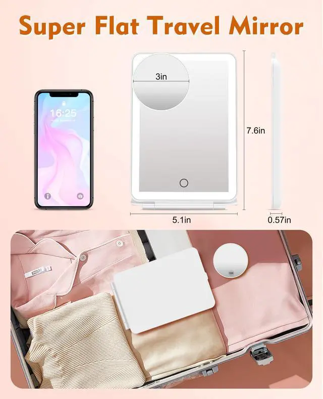 Alt view image 3 of 6 - Rechargeable Travel Makeup Mirror with Lights 10X Magnifying