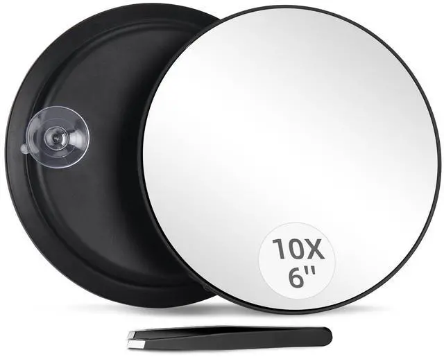 Main image of 10X Magnifying Mirror with 3 Suction Cups - 6'' Stick on Makeup Mirror with 10X Magnification, Magnified Makeup Mirror Portable Handheld Cosmetic Mirror and Tweezers Set for Travel, Makeup, Bathroom