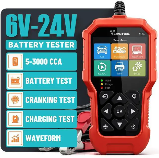 Main image of Car Battery Tester 6V 12V 24V BT500, 5-3000 CCA Battery Load Tester, Starter Alternator Tester Automotive Charging Cranking System Analyzer for Car Truck Motorcycle SUV ATV Boat