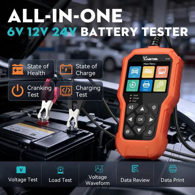Alt view image 2 of 7 - Car Battery Tester 6V 12V 24V BT500, 5-3000 CCA Battery Load Tester, Starter Alternator Tester Automotive Charging Cranking System Analyzer for Car Truck Motorcycle SUV ATV Boat