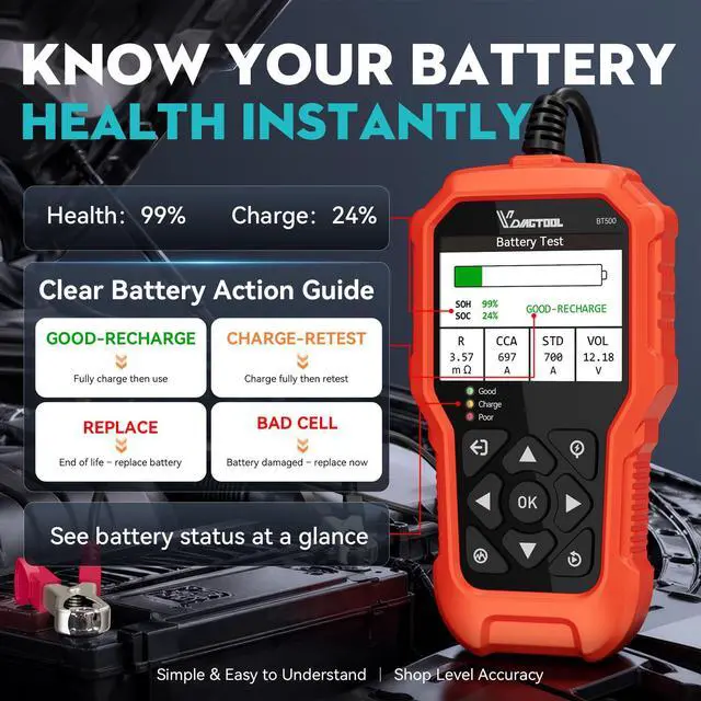 Alt view image 3 of 7 - Car Battery Tester 6V 12V 24V BT500, 5-3000 CCA Battery Load Tester, Starter Alternator Tester Automotive Charging Cranking System Analyzer for Car Truck Motorcycle SUV ATV Boat