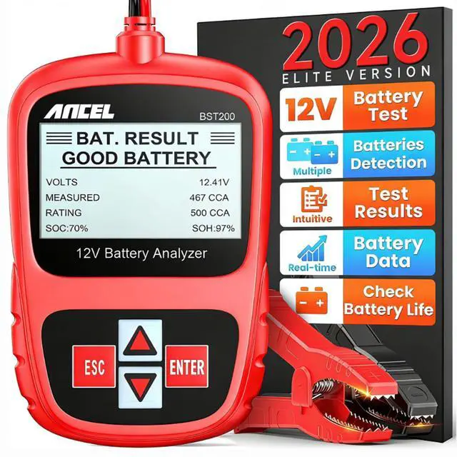 Main image of BST200 Car Battery Tester 12V Battery Load Tester, 100-1100 CCA Automotive Digital Analyzer Tool with Upgraded Reinforced Clamps for Car Truck SUV Motorcycle Boat Marine Vehicles