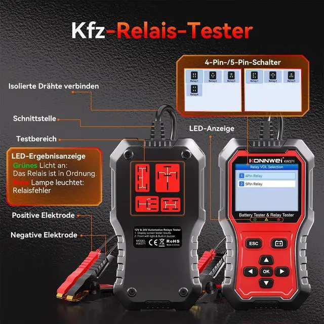 Alt view image 3 of 7 - KW371 6V/12V/24V Battery Tester & 4/5Pin Relay Tester 2 in 1