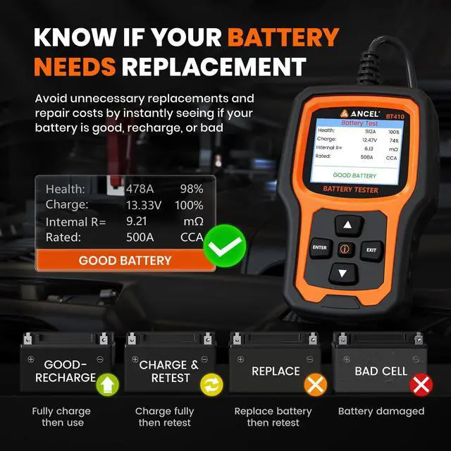 Alt view image 5 of 7 - BT410 12V 24V Car Battery Tester for Lead-Acid & Lithium Batteries, 100-2000 CCA Automotive Battery Load Tester Health Cranking Charging System Alternator Test for Motorcycle Car Truck RV Boat