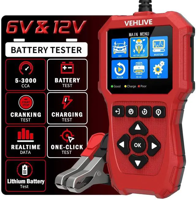 Main image of Car Battery Tester 6V 12V with Lithium Battery Testing, BT910 5-3000CCA Battery Load Tester, Automotive Alternator Tester Charging Cranking System Tester for Car Truck Motorcycle SUV ATV Boat
