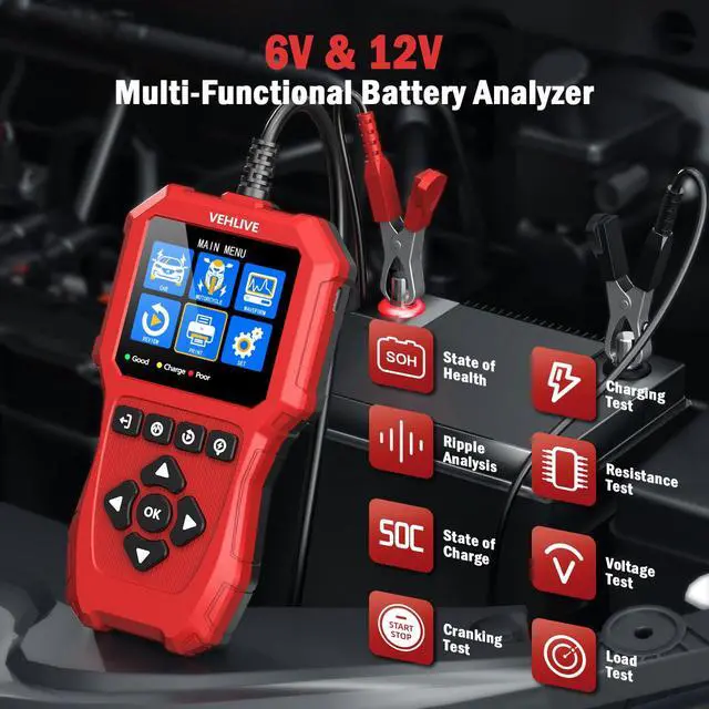 Alt view image 2 of 7 - Car Battery Tester 6V 12V with Lithium Battery Testing, BT910 5-3000CCA Battery Load Tester, Automotive Alternator Tester Charging Cranking System Tester for Car Truck Motorcycle SUV ATV Boat