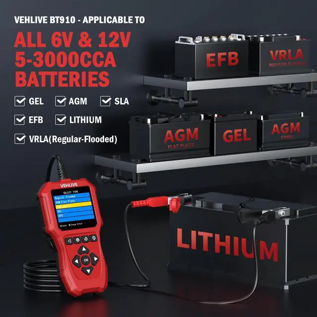 Alt view image 3 of 7 - Car Battery Tester 6V 12V with Lithium Battery Testing, BT910 5-3000CCA Battery Load Tester, Automotive Alternator Tester Charging Cranking System Tester for Car Truck Motorcycle SUV ATV Boat