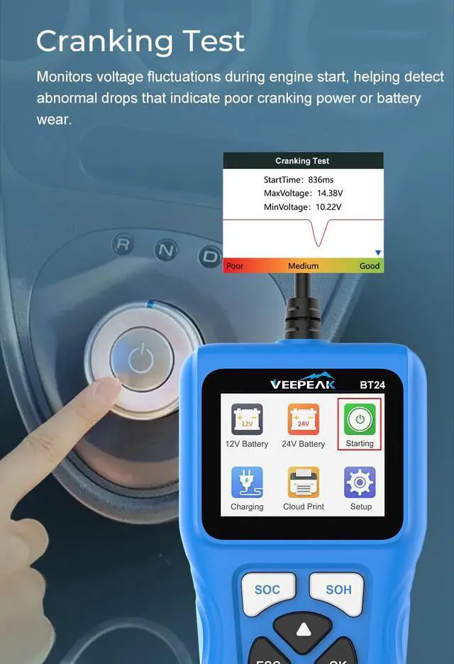 Alt view image 4 of 7 - 12V 24V Car Battery Tester, 100-2000 CCA Auto Load Analyzer