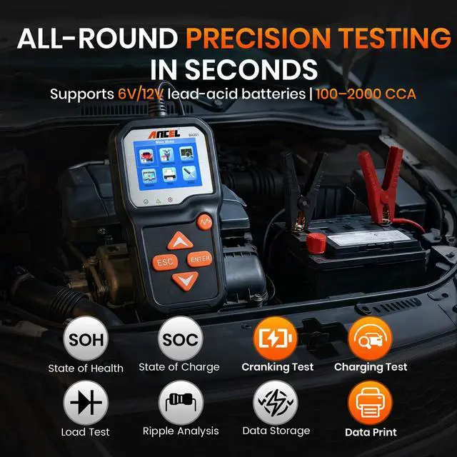 Alt view image 2 of 7 - BA301 6V 12V Car Battery Tester, 100-2000 CCA Automotive Load Tester Alternator Tester Auto Digital Battery Analyzer Cranking and Charging System Test Tool for Motorcycle Car Boat Truck SUV ATV