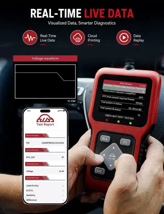 Alt view image 7 of 7 - TesGo 2 in 1 OBD2 Scanner and Battery Tester, Car Diagnostic Tool for Check Engine Light, Carbon Buildup Test, I/M Readiness, DTC Lookup, Vehicle Info, Cranking Test, Vehicles 1996+