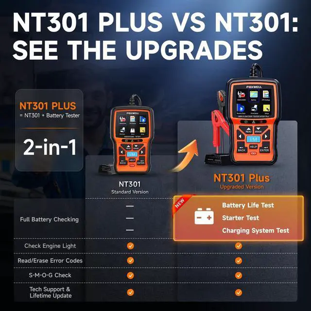 Alt view image 2 of 7 - NT301 Plus 2-in-1 OBD2 Scanner & 12V Car Battery Tester
