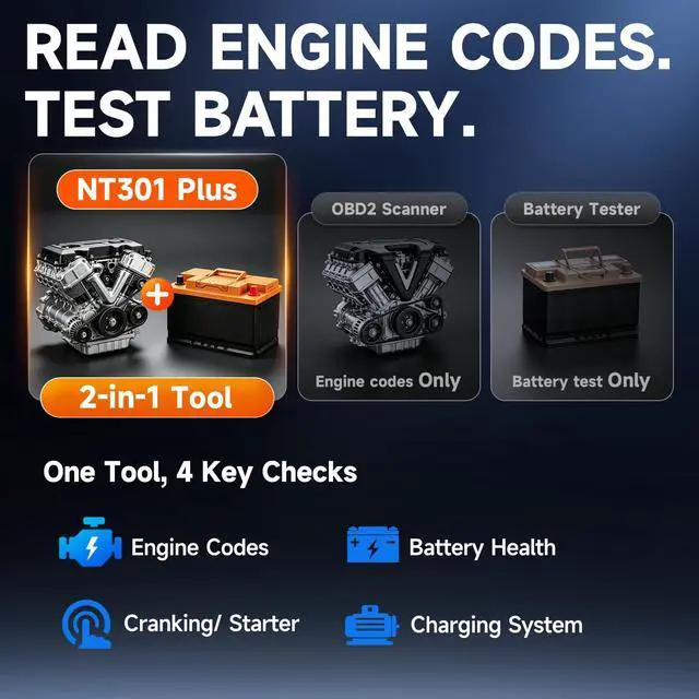 Alt view image 3 of 7 - NT301 Plus 2-in-1 OBD2 Scanner & 12V Car Battery Tester