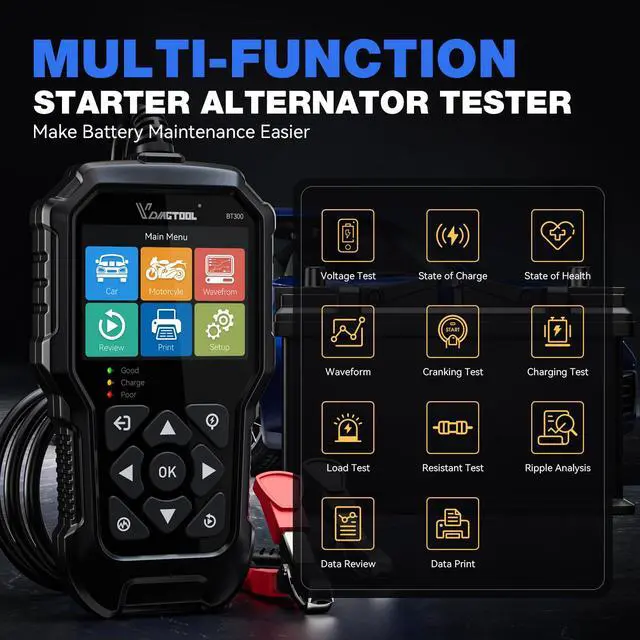 Alt view image 2 of 7 - Car Battery Tester 12V 6V BT300, 5-3000 CCA Load Tester Starter Alternator Tester Automotive Charging Cranking System Tester for Motorcycle Car Truck SUV ATV Boat