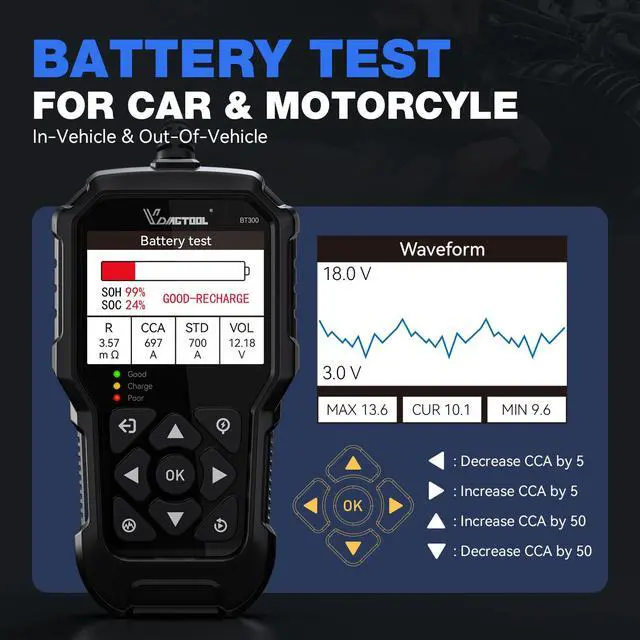 Alt view image 4 of 7 - Car Battery Tester 12V 6V BT300, 5-3000 CCA Load Tester Starter Alternator Tester Automotive Charging Cranking System Tester for Motorcycle Car Truck SUV ATV Boat