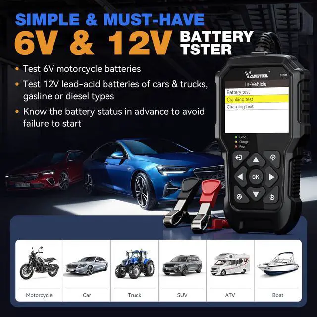 Alt view image 7 of 7 - Car Battery Tester 12V 6V BT300, 5-3000 CCA Load Tester Starter Alternator Tester Automotive Charging Cranking System Tester for Motorcycle Car Truck SUV ATV Boat