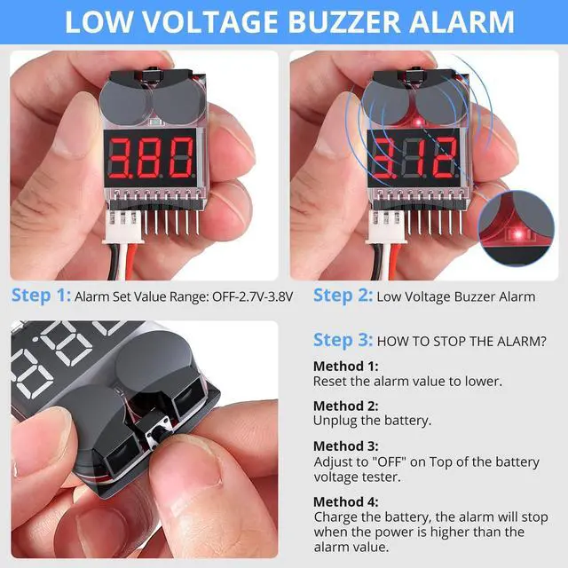 Alt view image 4 of 7 - 5PCS 2in1 1-8s Lipo Battery Voltage Tester,RC Low Voltage Buzzer Alarm,Battery Monitor Checker Tester for 1-8s Lipo/Li-ion/LiMn/Li-Fe