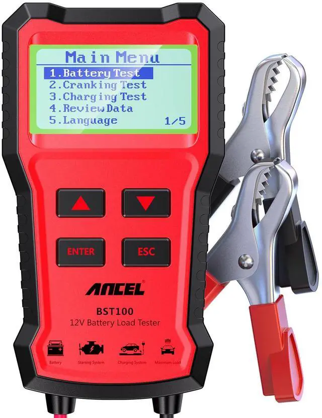 Main image of BST100 12V Car Battery Tester, 100-2000 CCA Automotive Battery Analyzer with Cranking and Charging System Test for Cars, Motorcycles, SUVs, Boats