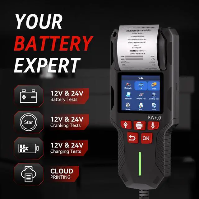 Alt view image 2 of 7 - KW700 Car Battery Tester with Printer 12V/24V Battery Load Tester