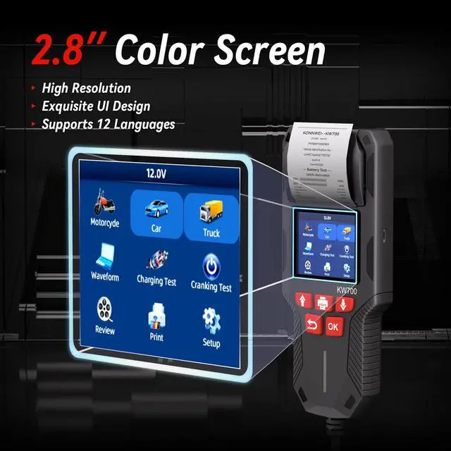 Alt view image 6 of 7 - KW700 Car Battery Tester with Printer 12V/24V Battery Load Tester