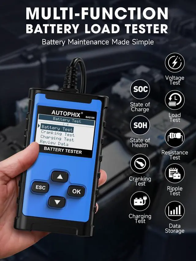 Alt view image 2 of 7 - BAS100 12V/24V Car Battery Tester, 100-2000 CCA Load Tester