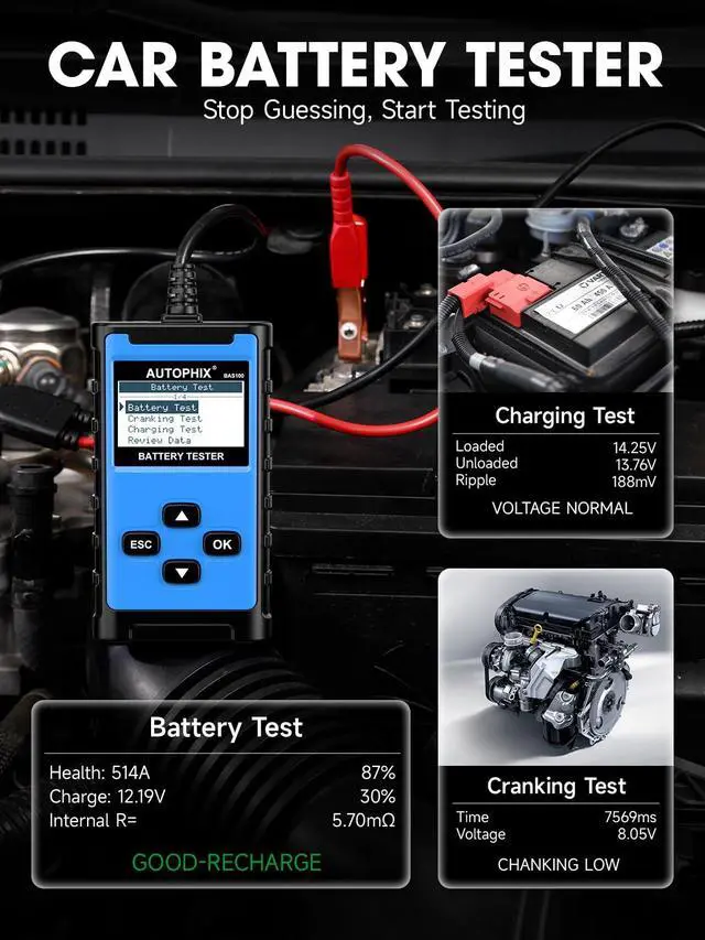 Alt view image 3 of 7 - BAS100 12V/24V Car Battery Tester, 100-2000 CCA Load Tester
