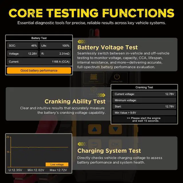 Alt view image 4 of 7 - BT360 Battery System Tester, Car Battery Tester DC Charging Cranking Test 100-2000 CCA, 2.4" Color LCD Battery Monitor, Digital Auto Analyzer for Vehicle Truck Motorcycle