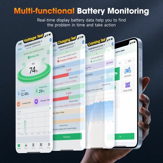 Alt view image 3 of 7 - BM300 Pro Battery Monitor - 6V/12V/24V Universal with Bluetooth 5.3 & Reinforced Design, Charging & Cranking Tests, Real-Time Alerts for Lead-Acid & Lithium Batteries in RV, Truck, Marine & More