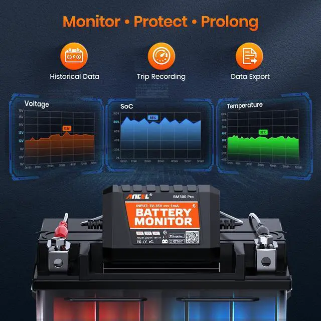 Alt view image 6 of 7 - BM300 Pro Battery Monitor - 6V/12V/24V Universal with Bluetooth 5.3 & Reinforced Design, Charging & Cranking Tests, Real-Time Alerts for Lead-Acid & Lithium Batteries in RV, Truck, Marine & More