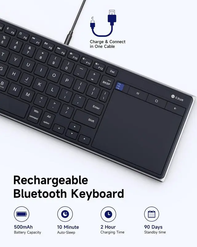 Alt view image 7 of 7 - K5S Bluetooth Keyboard with Touchpad, Wireless & Wired, Rechargeable